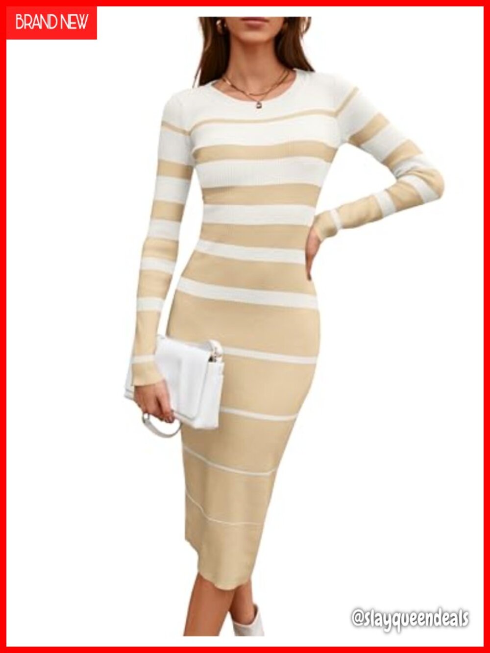 Women's Long Sleeve Ribbed Sweater Dress Crew Neck Striped Bodycon Midi Casual